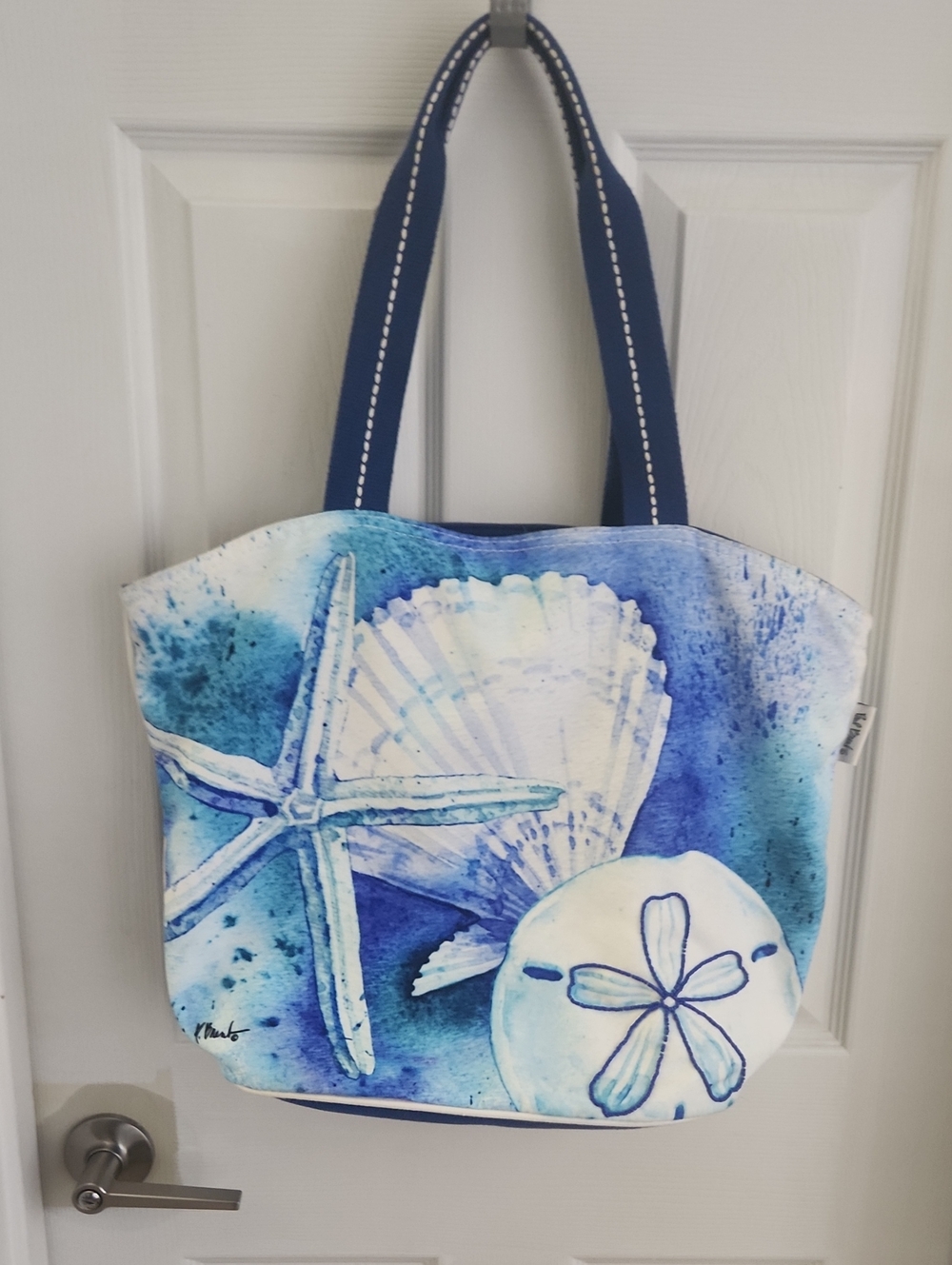 Navy Blue Seashell Print Canvas Tote Bag